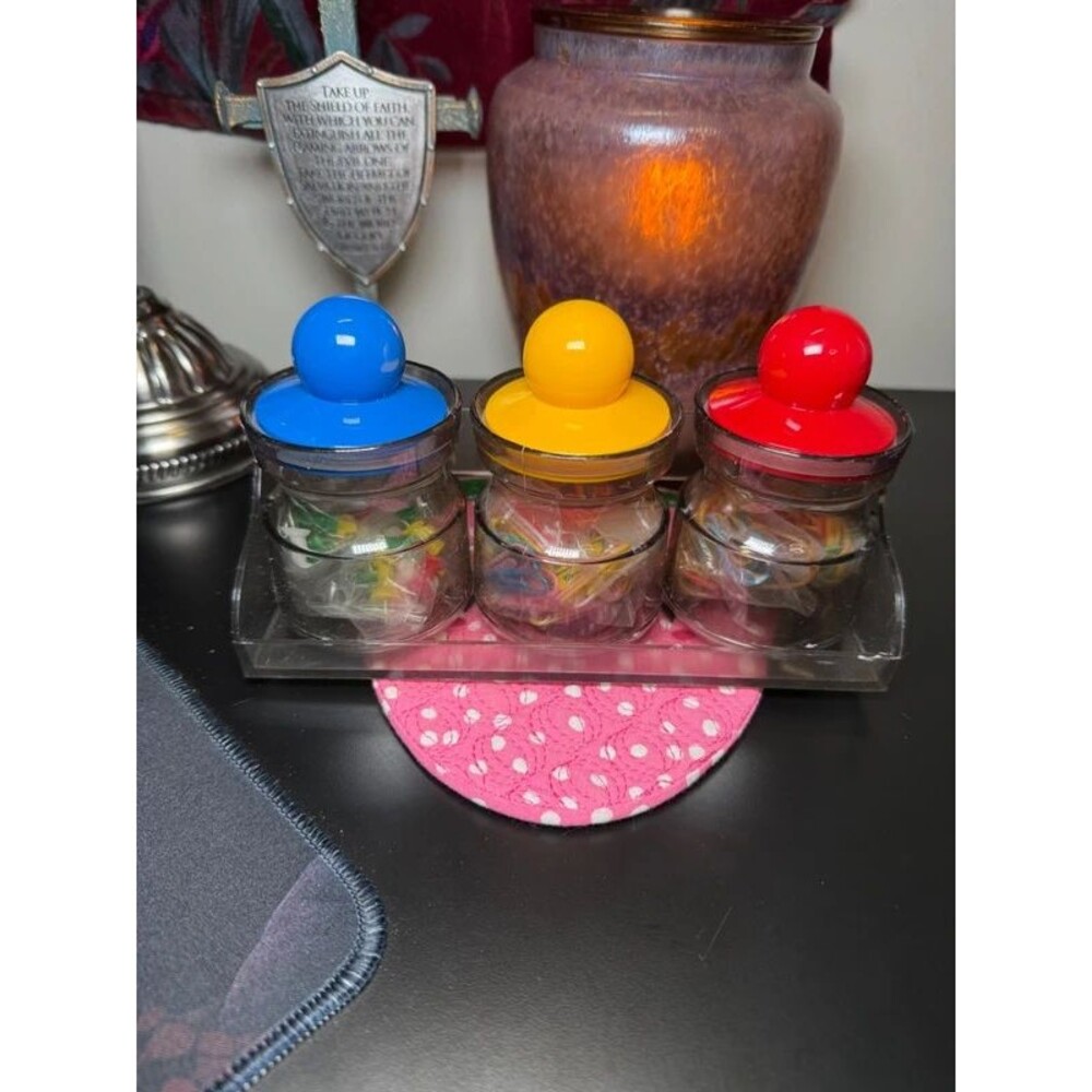 Vintage Stationary Jar Set Office Canister Pins Clips Rubber Bands - In Box